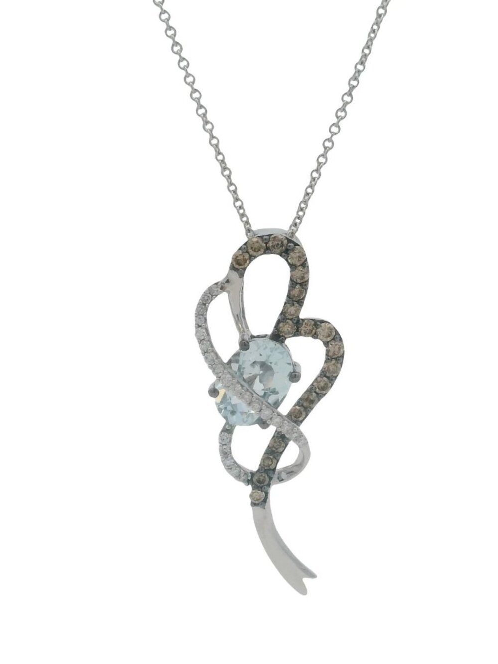 Le Vian Solid 14kt White Gold Aquamarine Diamond Ribbon Crossover Necklace 18"